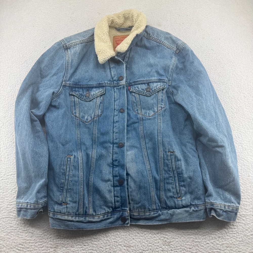 Levis Denim Tucker Jacket Mens Large Blue Sherpa Lined Medium Wash Heavyweight